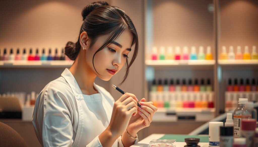 A serene and elegant nail studio setting, featuring a young Japanese-looking model in a crisp white apron, intently focused on painting delicate nail designs. The studio is bathed in warm, diffused lighting, creating a calming, professional atmosphere. In the background, shelves display an array of nail polish bottles in a variety of colors, hinting at the wide selection available for the aspiring nail technician. The model's expression conveys a sense of expertise and dedication, embodying the essence of the "ネイリスト資格取得ガイド" – a comprehensive guide to acquiring the necessary skills and certifications to become a skilled and accomplished nail professional.