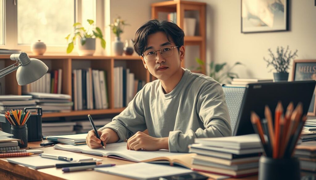 A serene and focused Japanese game writer sits at a well-organized desk, surrounded by an array of carefully curated writing tools and reference materials. Warm, natural lighting bathes the scene, creating a contemplative atmosphere. The writer's expression exudes a pensive yet determined gaze, reflecting the dedication and attention to detail required in the craft. In the background, a minimalist bookshelf and potted plants hint at the writer's passion for their work and a balanced lifestyle. The overall composition conveys the essential qualities of a game writer: creativity, discipline, and a deep understanding of the medium.
