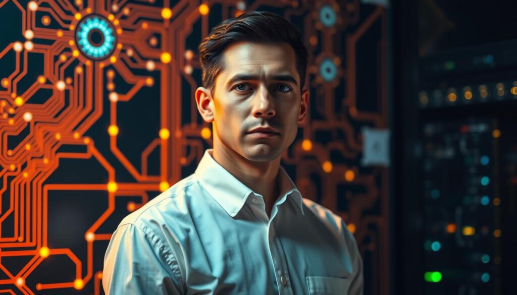 A serene and focused network engineer, clad in a crisp white collared shirt, stands amidst a backdrop of intricate circuit diagrams and glowing network nodes. The warm lighting casts a professional glow, highlighting the engineer's determined expression as they confidently navigate the intricacies of their field. The scene conveys a sense of expertise and mastery, emphasizing the value of technical certifications in advancing one's career as a network professional.