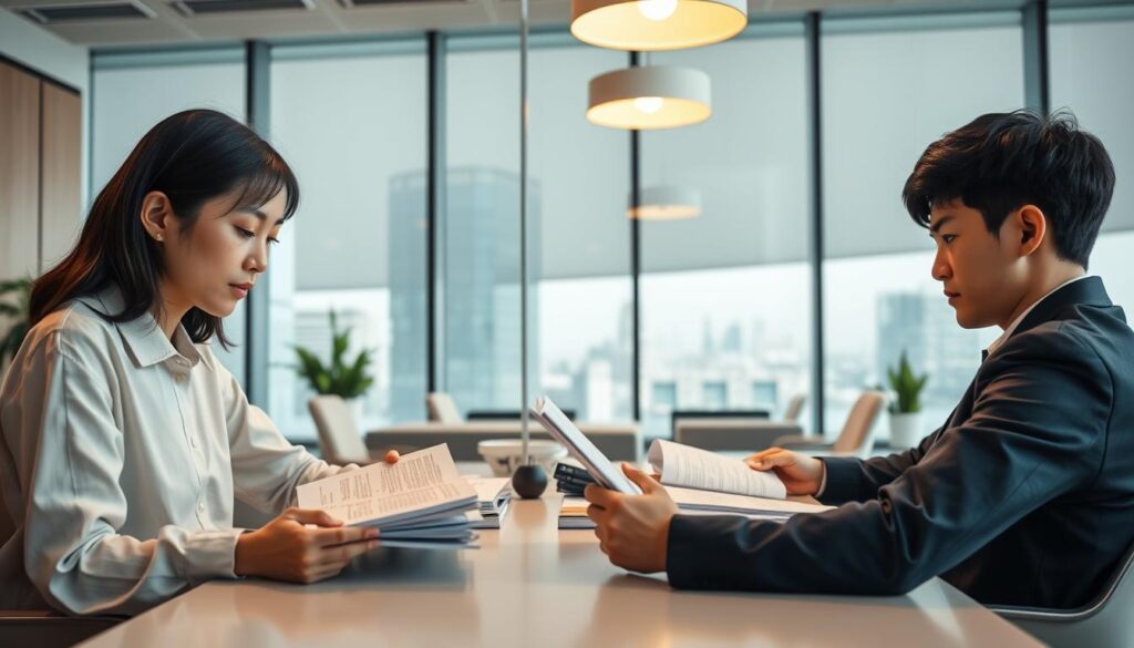 A serene and focused scene of a group of young Japanese individuals diligently studying for the "Ninsho Facility Manager Examination." The foreground depicts three individuals seated at a table, meticulously reviewing study materials and notes. The middle ground showcases a clean, modern office environment with sleek furniture and minimalist decor, creating a professional and productive atmosphere. The background features large windows overlooking a bustling cityscape, hinting at the real-world application of the knowledge they are acquiring. Soft, warm lighting from overhead fixtures casts a contemplative glow, emphasizing the dedication and determination of the exam candidates. The overall composition conveys the importance and gravity of this professional certification process.