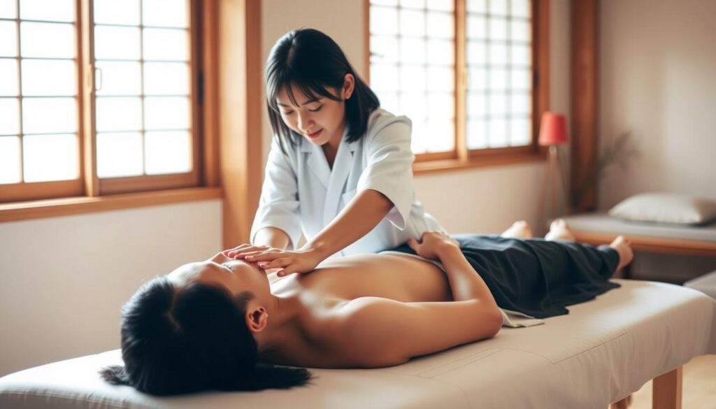 A serene and focused scene of a traditional Japanese osteopathic treatment session. In a warm, well-lit room, a young, black-haired Japanese practitioner performs a precise, flowing technique on a patient lying on a treatment table. The practitioner's hands move with expert precision, applying gentle pressure and manipulations to the patient's body. Soft natural light filters in through the windows, creating a calming atmosphere. The patient's expression conveys a sense of relaxation and relief as the skilled practitioner works to realign their musculoskeletal system. The image captures the essence of the osteopath's craft, showcasing the expertise and care they bring to their work.