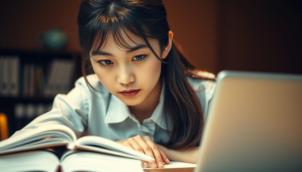 A serene and focused scene showcasing a young Japanese woman studying diligently, surrounded by textbooks, notes, and a laptop. Soft, warm lighting illuminates her face, creating an atmosphere of determination and academic rigor. The background is subtly blurred, keeping the attention on the subject's intense expression as she immerses herself in her studies related to the food coordination certification and specialized education. The image conveys the importance of formal training and dedication required to excel in this profession.