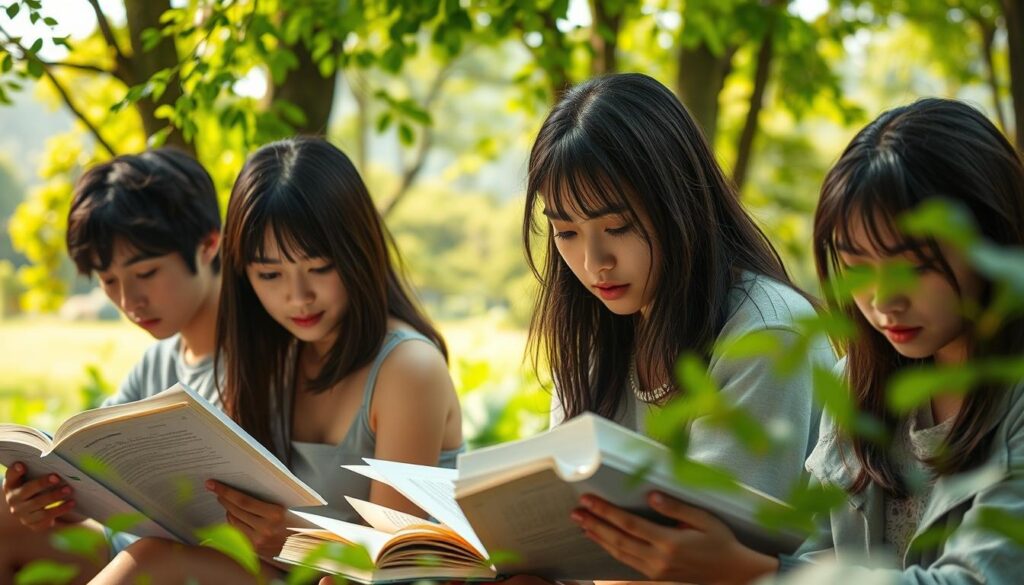 A serene and focused study session set in a tranquil natural environment. A group of young, Japanese-looking individuals intently review study materials and reference books, their expressions intense with determination. Soft, warm lighting filters through the lush foliage, casting a contemplative atmosphere. In the background, glimpses of verdant trees and a calming, natural landscape evoke the themes of environmental protection and stewardship. The models display a mix of serious concentration and a sense of camaraderie, reflecting the rigorous yet rewarding journey towards earning the nature preservation officer certification.