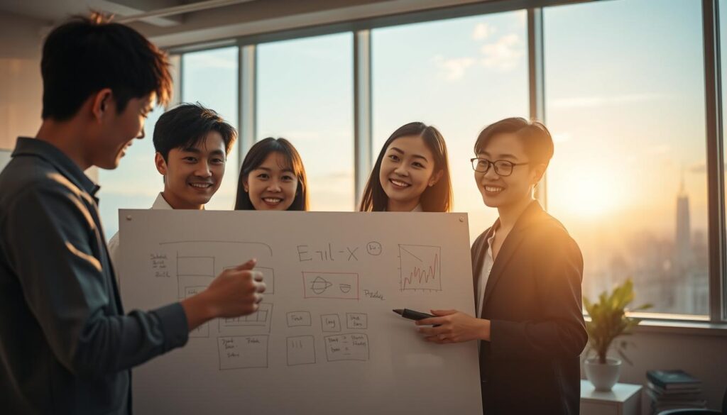 A serene and fulfilling workplace scene, showcasing a team of young, Japanese-looking project managers collaborating on a visually engaging whiteboard. The lighting is soft and warm, with a sense of focus and determination in their expressions. In the background, a large window offers a picturesque cityscape, hinting at the broader impact of their work. The overall atmosphere exudes a sense of accomplishment, teamwork, and a deep satisfaction with their chosen career path.