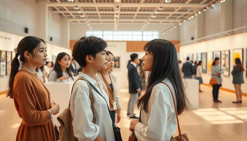 A serene and harmonious international art exhibition, where a diverse group of young Japanese-looking models stand in thoughtful contemplation. The scene is bathed in warm, natural lighting, captured with a wide-angle lens to showcase the grand, airy exhibition space. The models' expressions convey the cultural exchange and mutual understanding fostered by this global gathering, their body language relaxed and engaged. The background features elegant display stands, minimalist design, and subtle hints of traditional Japanese architectural elements, creating an atmosphere of refined sophistication. This image perfectly encapsulates the importance of global cultural dialogue and the power of art to transcend borders.
