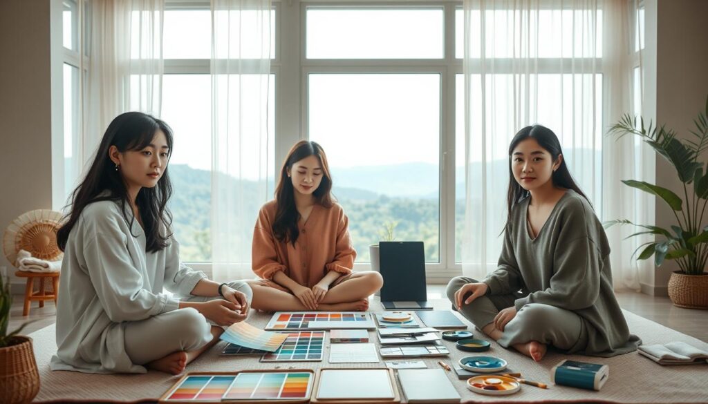 A serene and harmonious scene of a color therapy session, with three young Japanese-looking models sitting in a cozy, well-lit room. The models are positioned in the foreground, their faces reflecting a sense of calm and introspection as they engage in the therapeutic practice. The middle ground features an array of color swatches, paint palettes, and other color-related tools, suggesting the tools of the trade. The background showcases a soothing, natural landscape visible through large windows, creating a tranquil and restorative atmosphere. Soft, diffused lighting illuminates the scene, enhancing the sense of relaxation and well-being.