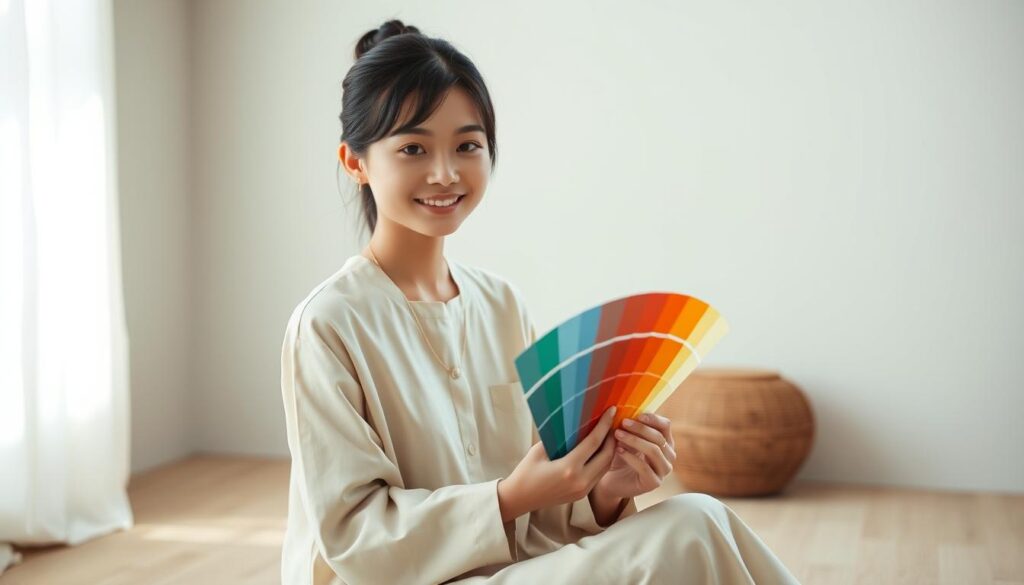 A serene and harmonious scene of a young, Japanese-looking individual with a warm and calming expression, seated in a minimalist, zen-inspired setting. The subject is dressed in a simple, elegant attire, with a serene and focused demeanor, holding a color palette or swatch in their hands, symbolizing their expertise in color therapy. The lighting is soft and diffused, creating a soothing atmosphere that reflects the nature of the profession. The background is minimalist, with muted, natural tones that complement the subject's presence, emphasizing the importance of the color therapy certification they hold.