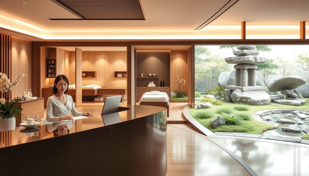 A serene and inviting Japanese-style spa setting, showcasing a variety of elegant esthetic services. In the foreground, a sleek reception desk with a welcoming attendant guides guests into the tranquil ambiance. The middle ground features tastefully appointed treatment rooms, each with a distinct specialty, such as facials, body treatments, and nail care. Soft, natural lighting filters through large windows, creating a soothing, relaxing atmosphere. The background depicts a serene Japanese garden, complete with a zen rock formation and a gently flowing stream, transporting the viewer to a place of harmony and rejuvenation. The models, youthful Japanese individuals with natural, understated beauty, embody the essence of the premium esthetic experience.