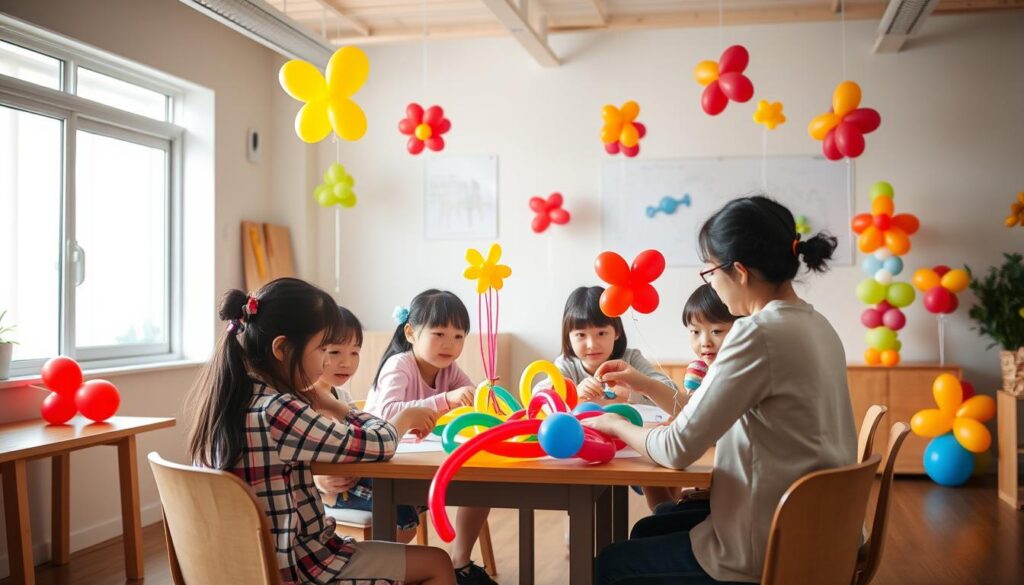 A serene and inviting classroom, illuminated by soft natural light filtering through large windows. At the center, a group of young, earnest-faced Japanese students gathered around a table, their nimble fingers skillfully manipulating colorful balloons, guided by an equally focused instructor demonstrating balloon-twisting techniques. The room is adorned with whimsical balloon creations, hinting at the creativity and joy that permeates this vibrant balloon art workshop. The atmosphere is one of focused concentration and shared enthusiasm, as the students work together to bring their imaginative balloon designs to life.