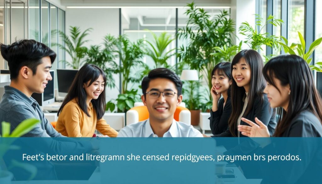 A serene and inviting office setting featuring a group of young, professional-looking Japanese individuals engaged in various activities that showcase the comprehensive employee benefits program at Grand Staff. The scene depicts a well-lit, modern workspace with ergonomic workstations, comfortable lounge areas, and a lush, verdant indoor garden, creating an atmosphere of productivity, wellness, and work-life balance. The employees, with their neatly styled black hair and youthful features, appear engaged and content, exemplifying the care and attention Grand Staff dedicates to the overall well-being of its staff.