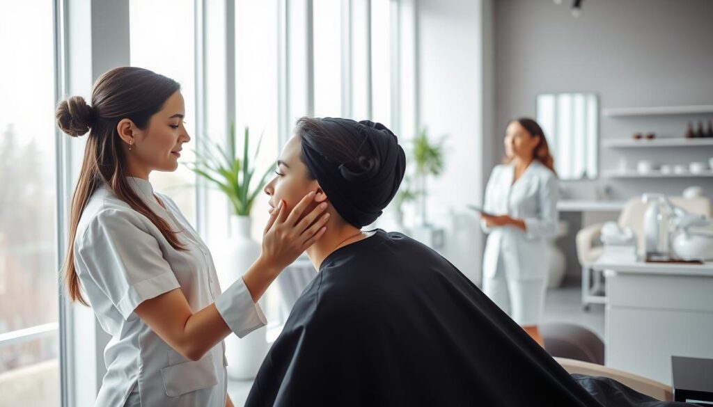 A serene and inviting salon interior, with natural lighting streaming through large windows. In the foreground, a young, poised esthetician in a crisp white uniform attends to a client, performing a gentle facial massage. In the middle ground, another esthetician consults with a customer, discussing potential treatment options. The background features elegant, minimalist decor and equipment, conveying a sense of professionalism and expertise. The overall atmosphere is calming and spa-like, reflecting the career aspirations of the estheticians as they progress in their field.