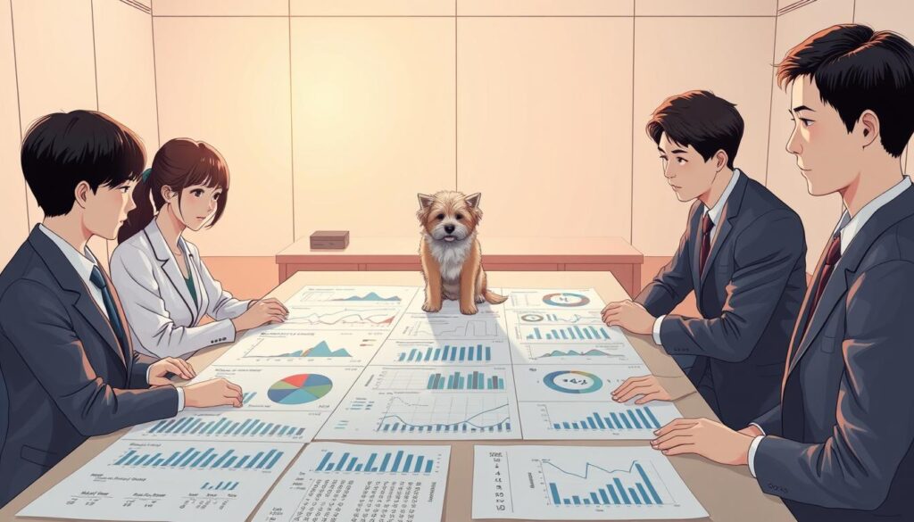 A serene and meticulously detailed illustration of a Japanese income analysis for a professional dog groomer. The scene depicts a group of smartly dressed young Japanese men and women, their features and hairstyles reflecting the provided details, gathered around a large table covered in financial charts and graphs. Soft, warm lighting bathes the scene, creating a contemplative atmosphere as the group examines the data, their expressions thoughtful and focused. The background is a minimalist, elegant office space with clean lines and muted tones, allowing the central information to take center stage. The overall composition conveys a sense of professionalism, analysis, and a deeper understanding of the financial realities facing this specialized occupation.