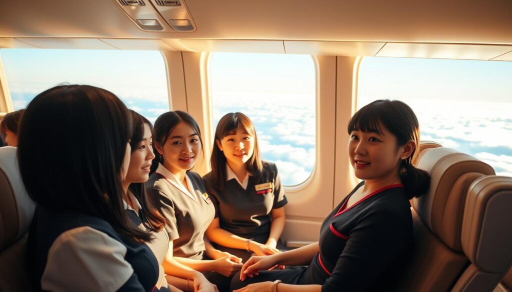 A serene and modern cabin interior, flooded with warm, natural lighting. In the foreground, a group of young, attentive cabin attendants, their dark hair and delicate features conveying a distinctly Japanese aesthetic. They are seated comfortably, discussing the airline's comprehensive benefits package - from health insurance and retirement plans to generous paid time off and professional development opportunities. The mid-ground showcases tasteful furnishings and amenities, creating a welcoming atmosphere. In the background, a panoramic view of clouds and blue skies, hinting at the global reach and prestige of the airline. The overall scene radiates a sense of security, contentment, and the care the company takes in supporting its valued cabin crew.