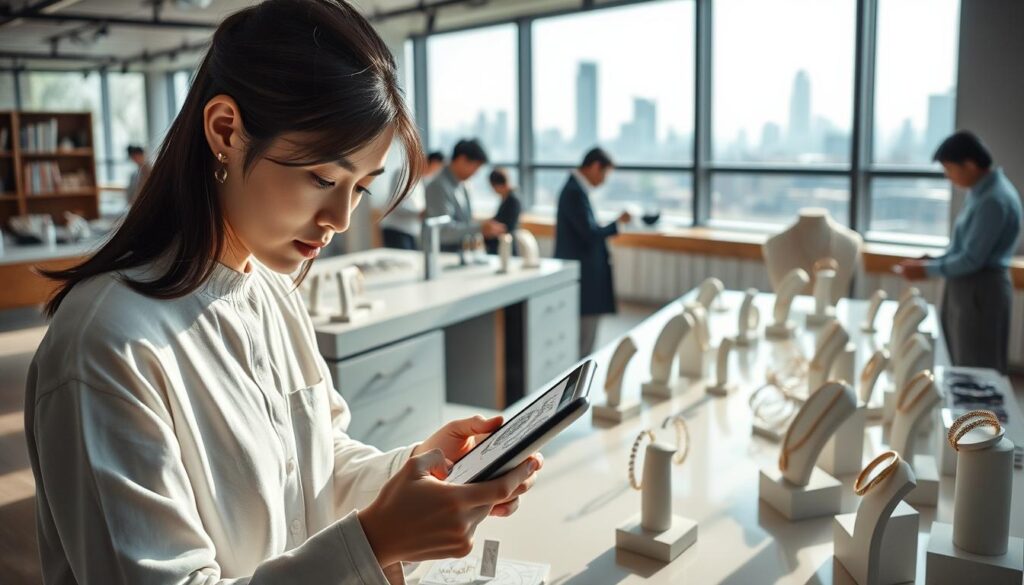 A serene and modern jewelry design studio, bathed in soft natural light. In the foreground, a young, meticulous Japanese designer carefully sketches intricate patterns on a tablet, their face reflecting deep concentration. Behind them, a team of skilled artisans carefully craft delicate pieces, each movement practiced and precise. The middle ground showcases an array of elegant necklaces, bracelets, and rings displayed on minimalist stands, hinting at the breadth of the designer's creative vision. In the background, large windows offer a glimpse of a bustling city skyline, symbolizing the growing demand and opportunities in the jewelry design industry. The overall atmosphere exudes a sense of professionalism, innovation, and the rewarding journey of a jewelry designer's career path.