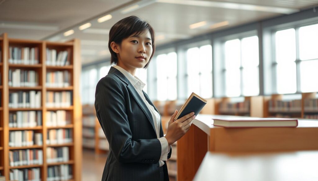 A serene and modern library, with warm lighting filtering through large windows. In the foreground, a young Japanese-looking librarian stands with a contemplative expression, their hands gracefully organizing books on a sleek wooden shelf. The background reveals rows of neatly arranged books, conveying a sense of knowledge and intellectual pursuit. The librarian's attire is professional yet stylish, hinting at the specialized skills and expertise required for this role. The overall atmosphere exudes a quiet confidence, underscoring the librarian's crucial contribution to the dissemination of information and the cultivation of an informed society.