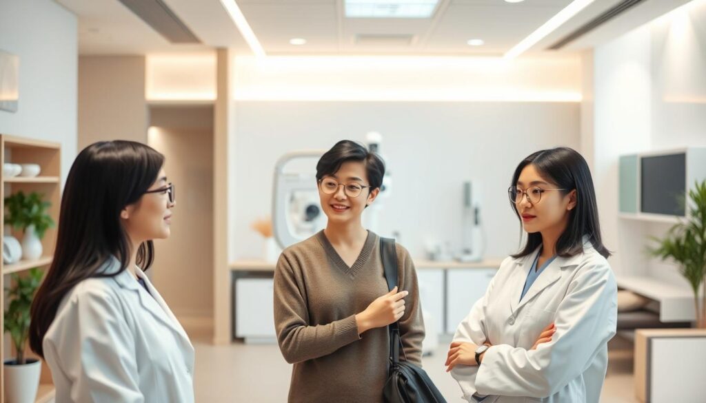 A serene and modern medical clinic interior, with a warm and inviting atmosphere. In the foreground, three young Japanese-looking optometrists engaged in discussion, their expressions focused and attentive. The middle ground features a well-equipped examination room, with state-of-the-art diagnostic equipment and soothing neutral tones. The background showcases a sleek, minimalist waiting area, filled with natural light and accentuated by soft, indirect lighting. The overall scene conveys a sense of professionalism, continued education, and a commitment to providing high-quality eye care.