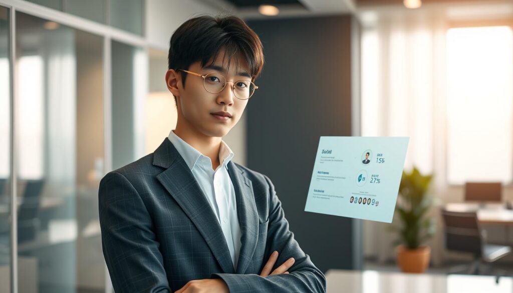A serene and modern office setting, with a young Japanese professional standing confidently in the foreground. Soft lighting illuminates their focused expression as they review the features of the "doda転職サイト活用ガイド" on a sleek, high-resolution display. The background subtly blurs, drawing the viewer's attention to the guided navigation of the job search platform, its interface elegantly designed to facilitate a seamless and informed employment transition. The overall atmosphere exudes a sense of professionalism, innovation, and the promise of new opportunities.