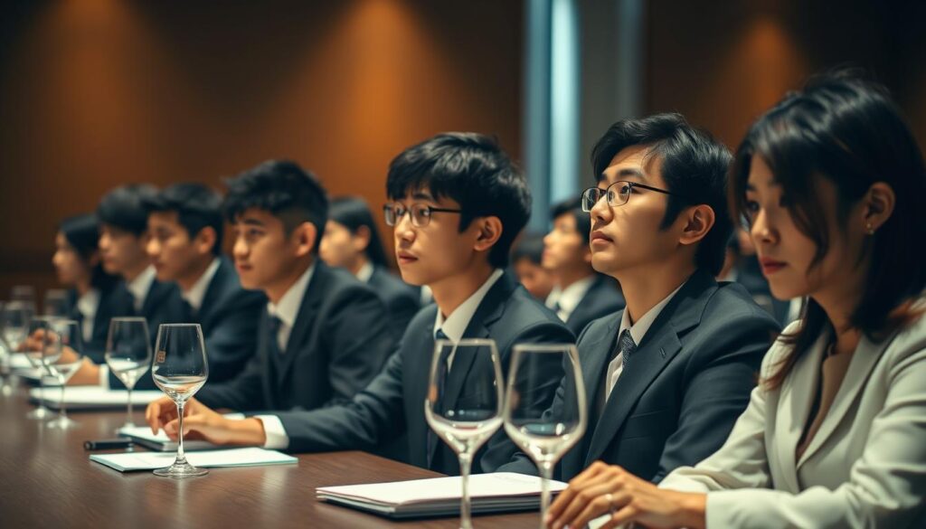 A serene and professional examination hall, dimly lit with warm tones, as a group of young, focused Japanese men and women in formal attire sit attentively, taking the prestigious Sommelier certification exam. The examinees' faces convey a sense of determination and intellectual rigor, with the examination materials and glassware neatly arranged before them. The background is subtly blurred, emphasizing the gravity of the moment and the candidates' commitment to their craft. Crisp lighting accentuates the scene, creating a sense of reverence and importance surrounding this significant milestone in the sommelier's career.