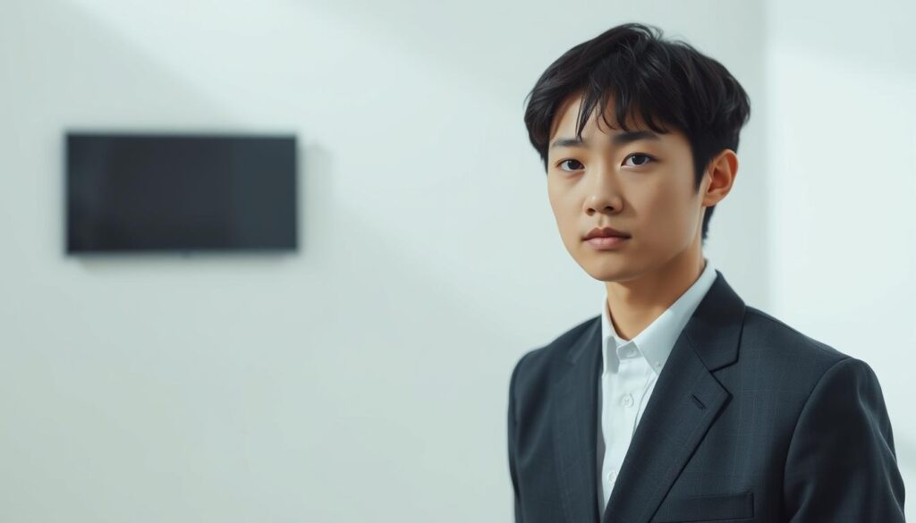 A serene and professional-looking image of a Japanese certified psychologist, captured in a clean, well-lit studio setting. The individual, a young person with dark hair and a focused, thoughtful expression, stands in the foreground, dressed in a crisp, formal attire. Behind them, a minimalist backdrop of muted colors and clean lines creates a sense of calm and stability, reflecting the gravity and expertise of the psychological profession. The lighting is soft and even, casting subtle shadows that accentuate the subject's features and convey a sense of depth and dimension. The overall composition and mood evoke the gravity, expertise, and trustworthiness associated with the role of a certified psychologist.