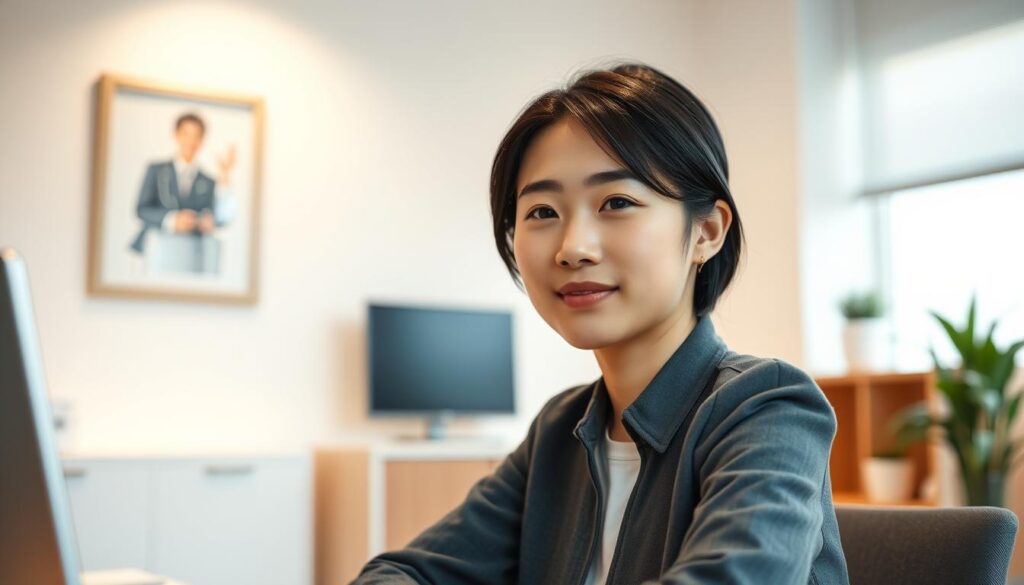 A serene and professional-looking image of a young Japanese therapist in a modern clinical setting. The therapist, with a calm and attentive expression, is sitting at a desk in a well-lit room with minimalist decor. The scene conveys a sense of tranquility and expertise, emphasizing the therapist's role in providing personalized care and guidance. The lighting is soft and diffused, creating a warm and inviting atmosphere. The camera angle is slightly elevated, giving the viewer a sense of the therapist's authority and expertise. The overall composition and attention to detail aim to showcase the therapist's career, work environment, and the skills required for this profession.