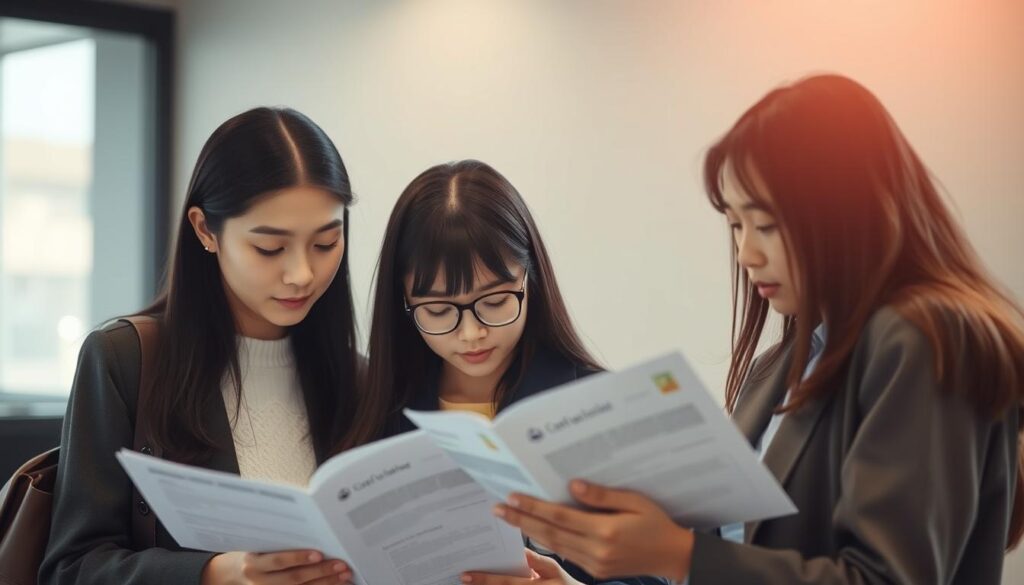 A serene and professional-looking scene depicting a group of young Japanese individuals gathered together, intently examining career guides and documents, their expressions thoughtful and focused. The lighting is soft and natural, casting a warm glow across the scene. The composition is well-balanced, with the subjects in the foreground occupying the majority of the frame, while the background remains slightly blurred, providing context without distracting from the main focus. The overall mood is one of contemplation and determination, reflecting the theme of career transition and new beginnings.