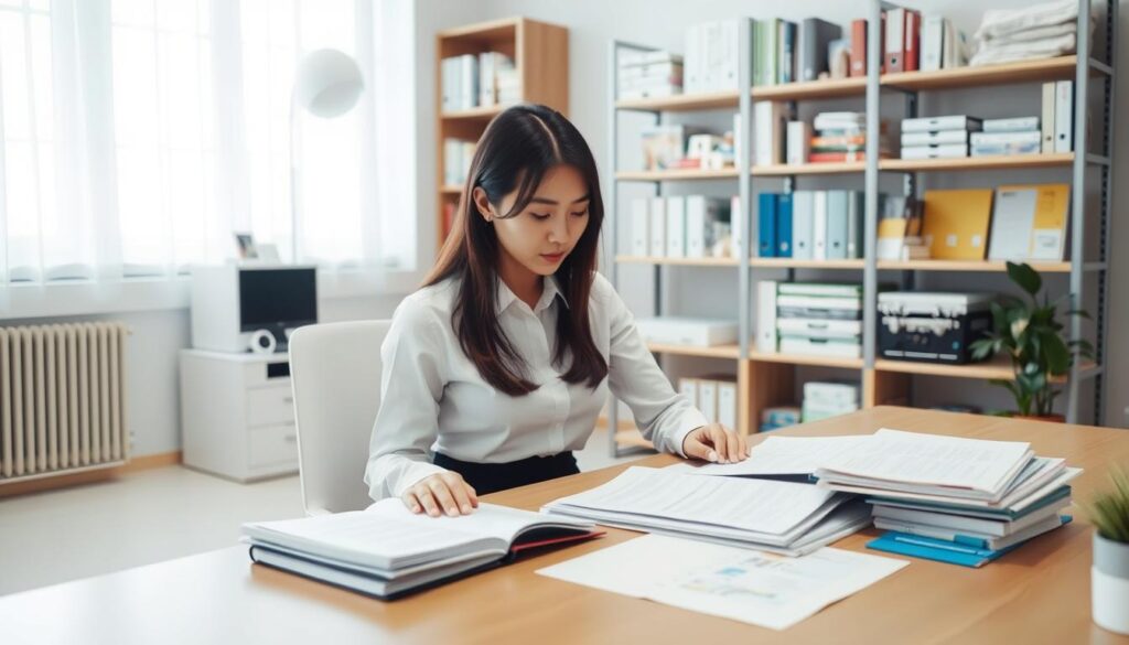 A serene and professional office setting with soft, natural lighting. In the foreground, a young Japanese woman in a white shirt and black skirt sits at a desk, studying intently. On the desk, various documents and folders convey the necessary qualifications and requirements for becoming a home care assistant. In the background, shelves filled with medical supplies and reference materials suggest the depth of knowledge and expertise required for this role. The overall atmosphere is one of focused dedication and a commitment to providing excellent care.
