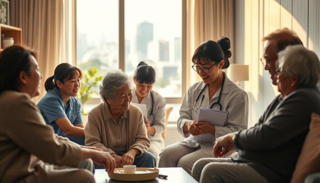A serene and progressive vision of home care services, showcasing a diverse team of young, Japanese-looking professionals engaged in meaningful interactions with elderly clients. The scene is bathed in warm, natural lighting, conveying a sense of comfort and vitality. The foreground depicts compassionate care workers tending to the needs of their patients, while the middle ground reveals an inviting, modern home environment. The background suggests a bustling urban landscape, hinting at the growing demand and evolving role of in-home care in supporting Japan's aging population. The overall mood is one of optimism, professionalism, and a commitment to enhancing the quality of life for those in need of personalized assistance.