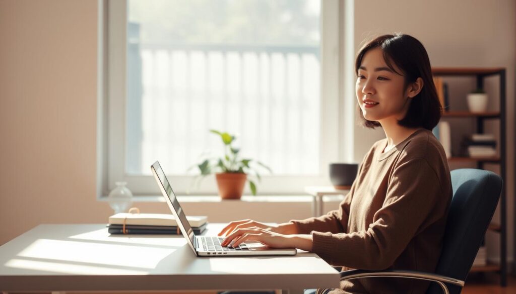 A serene and sun-dappled workspace, with a young Japanese-looking freelance copywriter sitting comfortably at a minimalist desk, their laptop open and fingers dancing across the keyboard. Soft natural light filters through the large window, casting a warm glow on the scene. In the background, a tasteful bookshelf and potted plant add a touch of sophistication. The overall atmosphere conveys a sense of focused productivity and financial independence. The model's expression is one of calm concentration, reflecting the fulfillment and flexibility that comes with the freelance copywriter lifestyle.