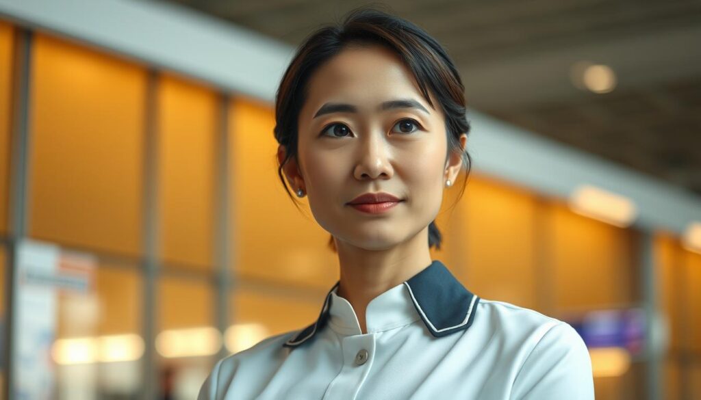 A serene and thoughtful Japanese professional in their prime, dressed in a crisp airline uniform, stands before a warm-lit backdrop of an airport terminal. Their expression conveys a balance of poise, attentiveness, and a genuine desire to assist. The lighting is soft and diffused, highlighting the subject's refined features and calm demeanor. The composition places the individual centrally, with the surrounding environment subtly framing them. This image aims to capture the ideal personal qualities and mindset of a skilled and compassionate airline steward.