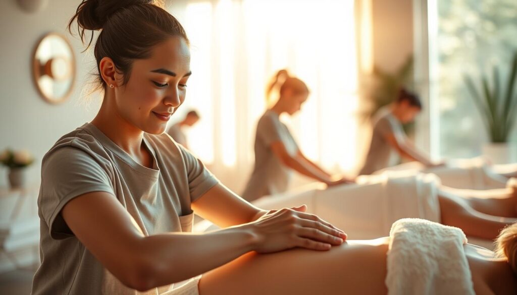 A serene and tranquil massage parlor, bathed in warm, natural lighting. In the foreground, a young, skilled massage therapist with a calm, focused expression gently kneads the muscles of a client, their face radiating a sense of relaxation and rejuvenation. In the middle ground, several other therapists engage in similar tasks, their movements fluid and purposeful. The background suggests a clean, modern space with soothing decor, hinting at the growing demand and professionalism within the industry. The overall atmosphere conveys the promising future and increasing societal appreciation for the art of massage therapy.