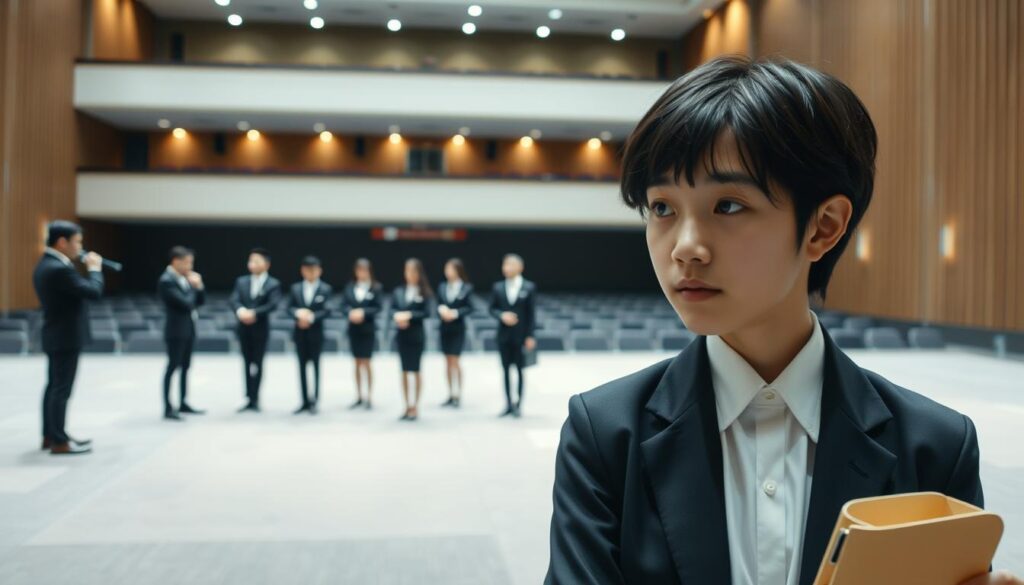A serene and tranquil scene depicting the gradual development of a professional usher. In the foreground, a young Japanese person with a focused expression diligently undergoes usher training, carefully studying the nuances of crowd control and guest assistance. The middle ground showcases a group of similarly youthful individuals in formal attire, practicing their duties with precision and attention to detail. In the background, a meticulously designed venue sets the stage, its architectural elements and lighting creating an atmosphere of order and professionalism. The overall mood conveys the dedication and discipline required to excel as a skilled usher, captured through a realistic photographic style.