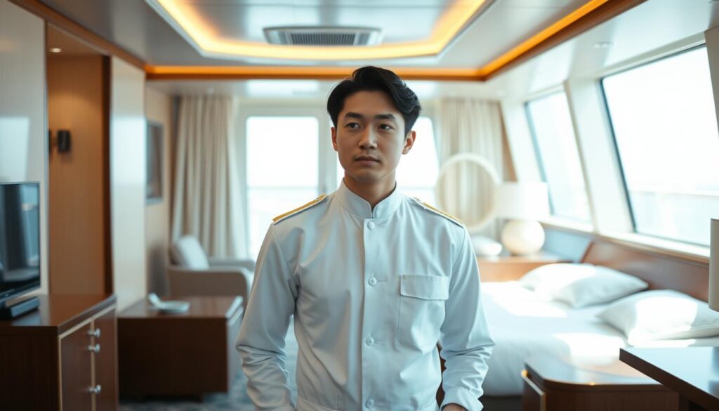 A serene and well-appointed cabin interior on a luxurious cruise ship. A young, Japanese-looking male passenger, meticulously dressed in a crisp white uniform, stands at the center, his posture relaxed yet professional. He appears thoughtful, with a subtle expression of mild concern. Soft natural lighting filters in through large windows, casting a warm glow over the scene. The cabin is tastefully furnished with minimalist decor, evoking a sense of tranquility. The overall atmosphere conveys a subtle undercurrent of stress management and attentive health care, befitting the role of a cruise ship purser.