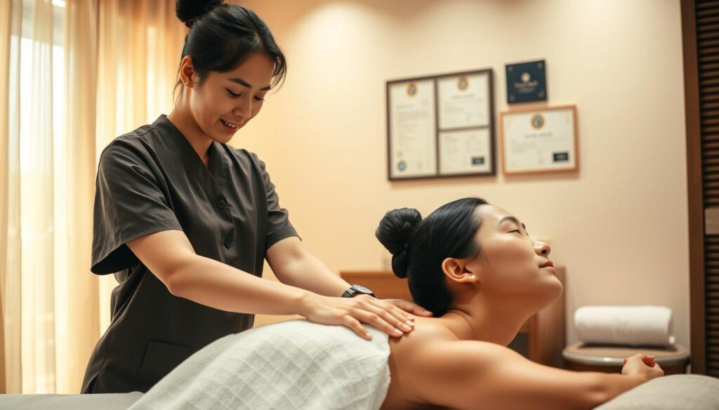 A serene and well-appointed massage studio, with a warm, natural lighting filtering through sheer curtains. In the foreground, a young, skilled Japanese massage therapist gently kneads the shoulders of a relaxed client, their facial expressions conveying a sense of tranquility and rejuvenation. In the background, a tasteful display showcases the therapist's professional credentials and licenses, hinting at their expertise and training. The overall scene exudes a calming atmosphere, reflecting the high level of care and attention that defines the massage therapist's craft and their earning potential.