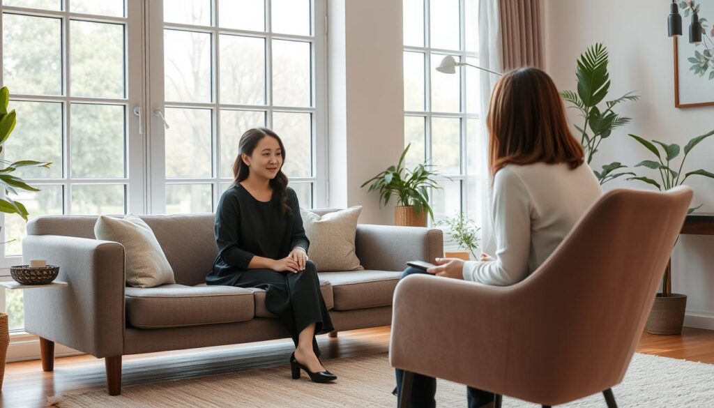 A serene and well-appointed therapy room, with large windows allowing natural light to flood the space. A comfortable couch and armchair in muted tones, surrounded by tasteful decor and greenery. The therapist, a young Japanese woman with an empathetic expression, sits across from her patient, engaged in a session. The atmosphere is calming and professional, conveying a sense of safety and trust. The camera captures the scene from a slightly elevated angle, highlighting the carefully curated environment designed to facilitate open and productive therapeutic dialogue.