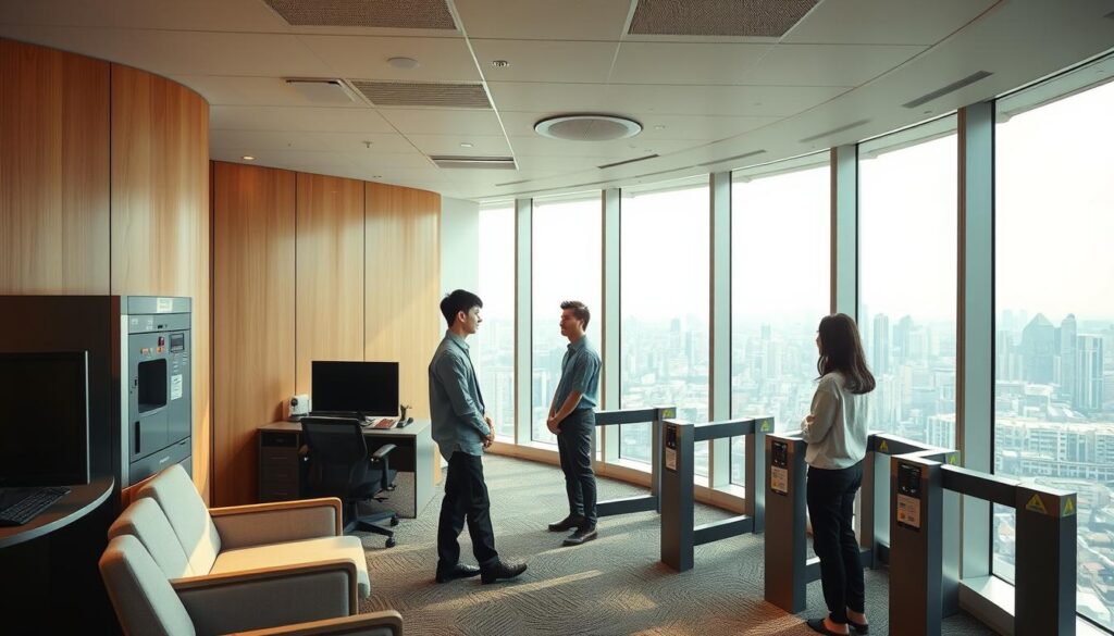 A serene and well-equipped security guard station in a modern high-rise office building. The foreground features a comfortable sitting area with ergonomic chairs, a computer station, and a water dispenser, catering to the guards' needs. The middle ground showcases a secure entry/exit checkpoint with turnstiles and security scanners, ensuring a smooth and efficient flow of personnel. The background depicts expansive floor-to-ceiling windows, offering a panoramic view of the bustling city skyline, bathed in warm, natural lighting. The guards, young Japanese individuals with a professional yet friendly demeanor, are engaged in their duties, maintaining a safe and welcoming environment for the building's occupants. The overall scene conveys a sense of order, comfort, and attention to the well-being of the security personnel.