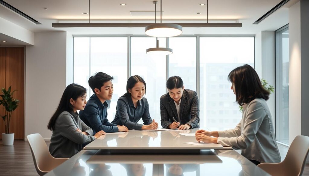 A serene and well-lit modern office space showcasing a lighting design project. The scene features a team of young, Japanese-looking professionals collaborating around a sleek, minimalist table, their faces illuminated by a combination of overhead lighting and natural light streaming in from large windows. The lighting fixtures themselves are minimalist and stylish, perfectly complementing the clean, contemporary aesthetic of the room. The overall atmosphere is one of focus, creativity, and professionalism, capturing the essence of a lighting design project in action.
