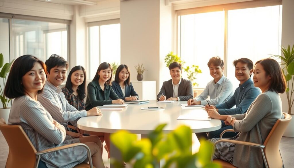A serene and well-lit office scene depicting a group of young Japanese-looking administrative staff members engaged in a meeting to discuss work-life balance reforms. The foreground features a diverse team sitting around a sleek conference table, expressions focused yet relaxed. Warm natural lighting filters in through large windows, casting a soft glow across the room. In the background, a minimalist decor with plants and modern furniture suggests a comfortable, progressive work environment. The overall atmosphere conveys a sense of collaboration, open communication, and a commitment to improving the working conditions of school administrative personnel.