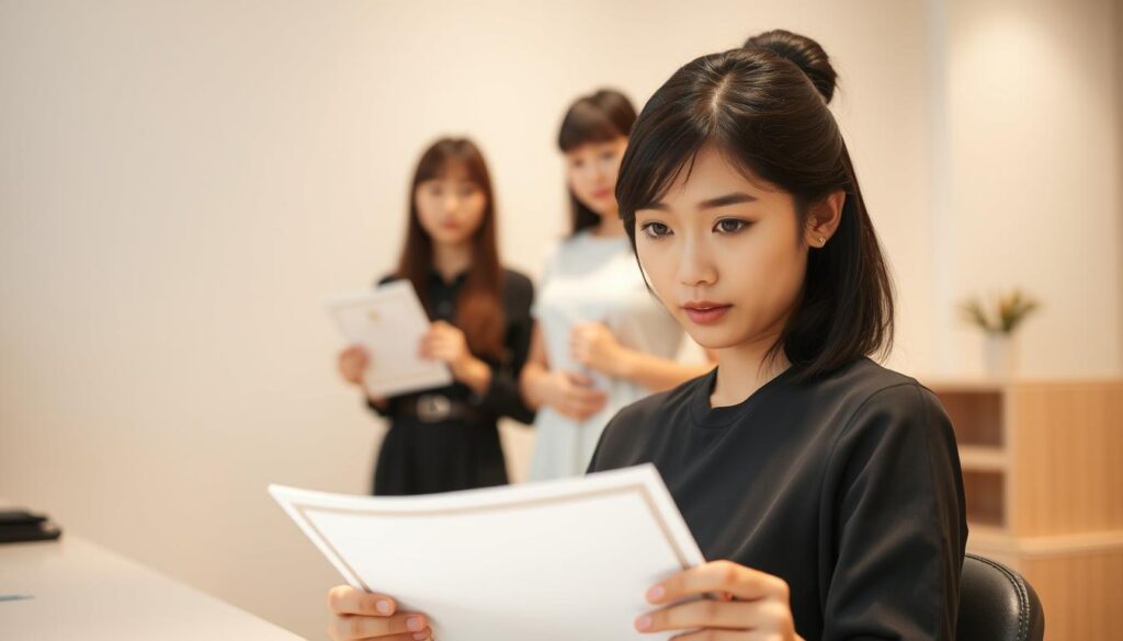 A serene and well-lit studio with a minimalist aesthetic. In the foreground, a young Japanese woman with a professional hairstyle and makeup sits at a workstation, her face intent as she examines a diploma or certificate. Behind her, two other young models stand, one holding a certificate and the other observing. The lighting is soft and diffused, creating a warm, focused atmosphere. The background features subtle, neutral-toned decor, allowing the subjects to take center stage. The overall scene conveys a sense of accomplishment, professionalism, and the dedication required to attain a national cosmetology certification.