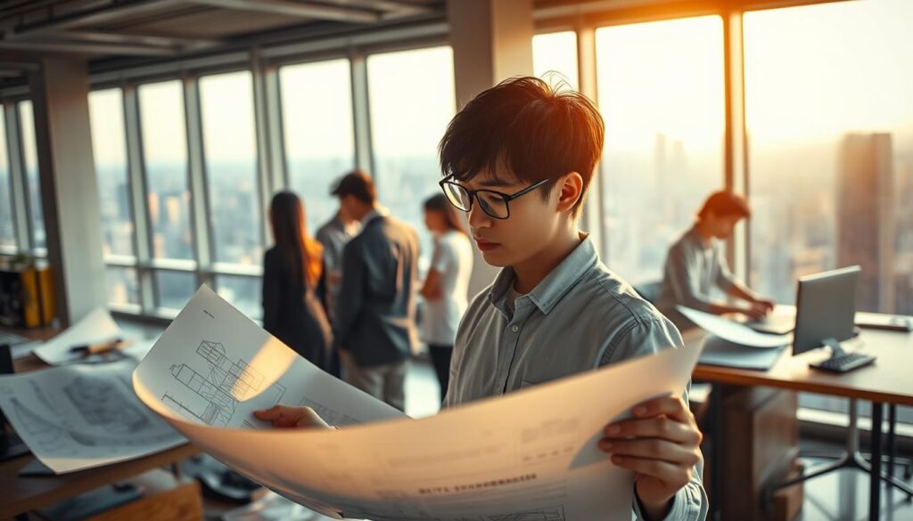 A serene architectural office, bathed in warm natural light filtering through large windows. In the foreground, a young, bespectacled Japanese architect reviews detailed construction plans, lost in concentration. Behind them, a team of their peers collaborates on 3D models and sketches, their faces illuminated by the glow of computer screens. In the background, a panoramic view of a bustling city skyline sets the scene, hinting at the scale and scope of their work. The atmosphere is one of professional focus and intellectual engagement, reflecting the challenging yet rewarding nature of the architect's craft.