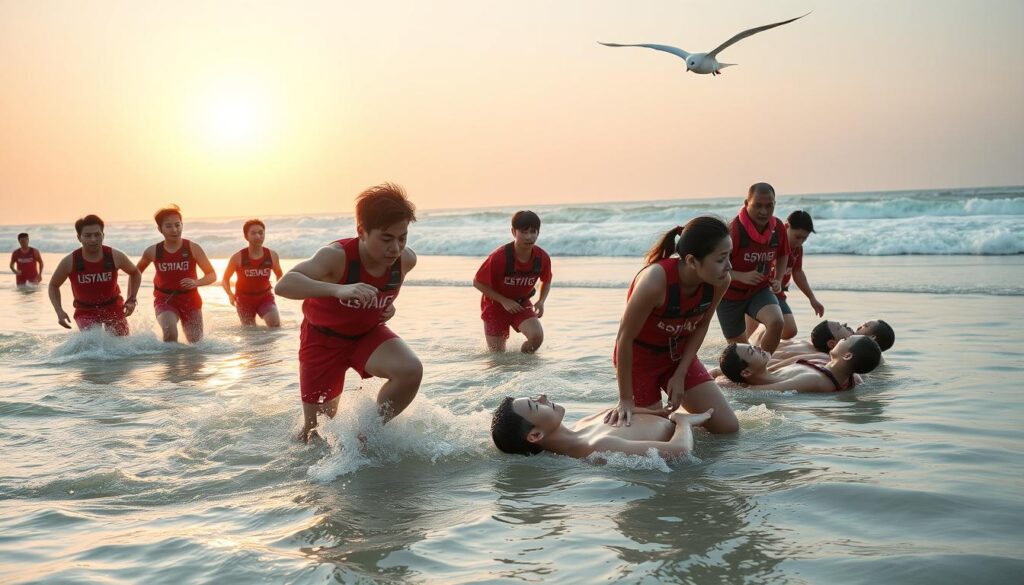A serene beach setting, with crashing waves and a glowing sun on the horizon. In the foreground, a group of young, athletic Japanese lifeguards engaged in intense training exercises - sprinting, swimming, and performing rescue drills with expert precision. Their expressions are focused, brows furrowed in concentration, as they hone their skills to perfection. The middle ground features a stretch of pristine, sandy shore, where additional trainees practice CPR and first aid techniques on realistic mannequins, under the watchful eye of veteran instructors. The background is a panoramic vista of the sparkling ocean, with a lone seagull soaring overhead, symbolizing the freedom and responsibility of the lifesaving profession. The lighting is natural, bathing the scene in a warm, golden glow that heightens the sense of dedication and professionalism.