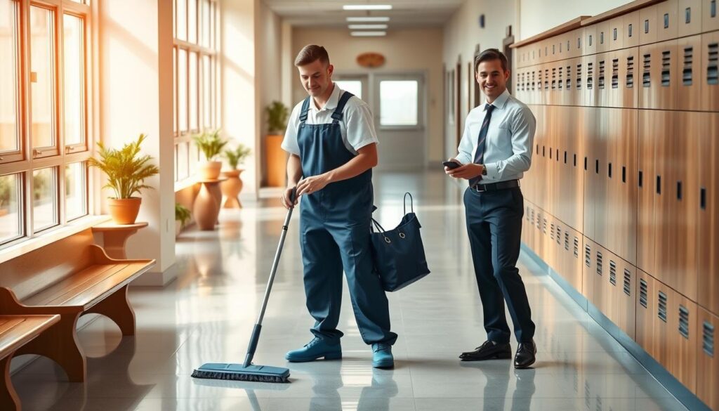 A serene, bright school hallway with two custodians, one in a public school uniform and one in a private school uniform, standing side by side. Soft natural lighting filters through large windows, casting a warm glow. The public school custodian, wearing a navy blue jumpsuit, is mopping the polished tile floor, while the private school custodian, in a crisp white shirt and black slacks, is arranging freshly polished lockers. Their expressions are calm and professional, showcasing the subtle differences in their roles and environments. The background features wooden benches, potted plants, and a cork board, creating a welcoming, educational atmosphere.