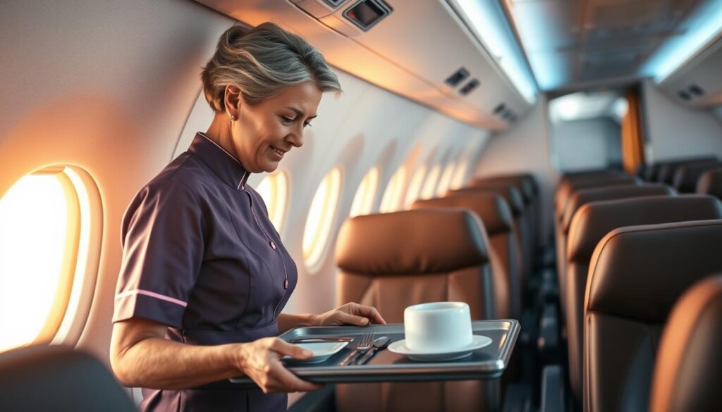 A serene cabin crew member diligently attends to their tasks in the aircraft cabin. The scene captures their focused expression as they meticulously prepare the meal service tray, arranging the tableware with precision. Warm, natural lighting filters through the cabin windows, illuminating their crisp uniform and the orderly, well-appointed galley. The middle-aged cabin crew member moves with practiced, efficient movements, exemplifying the poise and professionalism expected of their role. The background features the cozy, intimate atmosphere of the cabin, with rows of plush, leather-clad seats and overhead compartments. This realistic, visually immersive scene showcases the essential in-flight duties and responsibilities of a cabin crew member.