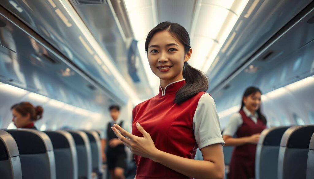 A serene cabin of a commercial airliner, its polished surfaces reflecting the soft, ambient lighting that bathes the space. In the foreground, a young, impeccably groomed Japanese-looking cabin attendant stands poised, her uniform crisp and her expression professional yet warm. She gestures subtly, guiding passengers through the aisles with graceful poise. In the middle ground, other attendants move with efficiency, attending to the needs of the travelers. The background reveals the sleek, modern design of the aircraft interior, hinting at the global reach and prestige of this career path. The mood is one of quiet competence, where attention to detail and customer service excellence are paramount.