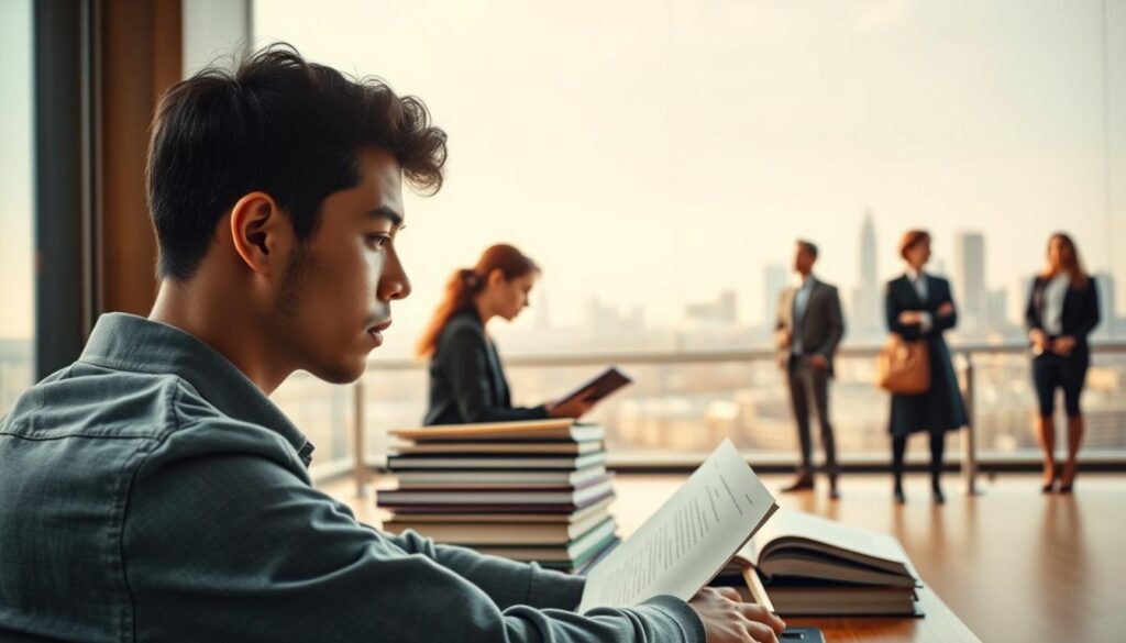 A serene career path unfolds before us, showcasing the versatility and expertise of editorial professionals. In the foreground, a meticulously composed tableau depicts a young, thoughtful editor deeply engaged in the review process, surrounded by stacks of manuscripts and a sleek, minimalist desk setup. The middle ground reveals a diverse array of editorial roles, from proofreading and copyediting to content strategy and project management, each represented by a distinct individual possessing a refined, intellectual demeanor. In the background, a softly blurred cityscape hints at the broader professional landscape, where these skilled editors navigate the nuances of language, upholding the highest standards of written communication. Warm, natural lighting bathes the scene, conveying a sense of focus, dedication, and the pursuit of excellence that defines the editorial profession.