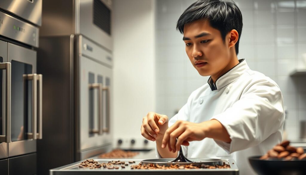 A serene chocolatier in a well-lit kitchen, their face reflecting a harmonious blend of technical mastery and creative passion. Sleek, stainless steel appliances gleam in the soft lighting, while cocoa beans and delicate chocolate shavings adorn the countertop. The subject, a young Japanese-looking individual, stands with a focused gaze, their hands skillfully tempering molten chocolate, a true artisan at work. A sense of tranquility and precision permeates the scene, hinting at the patience, attention to detail, and sensory acuity required to excel in this specialized profession.