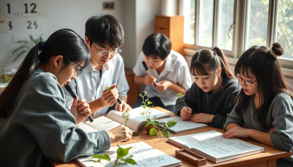 A serene classroom setting, bathed in soft natural light, showcases a group of young Japanese-looking individuals intently studying various plant specimens. Textbooks, magnifying glasses, and detailed sketches adorn the desks, highlighting the academic rigor of the "プラントハンター" education. The students, their faces conveying a mix of focus and curiosity, are guided by an experienced instructor who demonstrates proper plant identification techniques. The overall atmosphere evokes a sense of scientific discovery and a deep appreciation for the natural world.