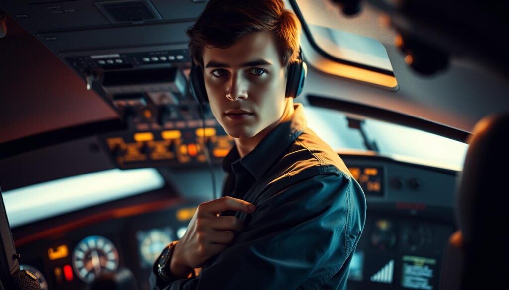 A serene cockpit interior, the dashboard illuminated by the soft glow of monitors. A young, focused pilot stands tall, one hand gripping the control yoke, the other steadying a pair of headphones. Precise movements, a calm demeanor, and an unwavering gaze suggest the poise and composure essential for the role. Intricate panels and dials surround the figure, hinting at the technical expertise required. Dramatic side lighting casts shadows, emphasizing the pilot's strong, determined features. The atmosphere exudes a sense of control, confidence, and the ability to navigate complex challenges with skill and composure.