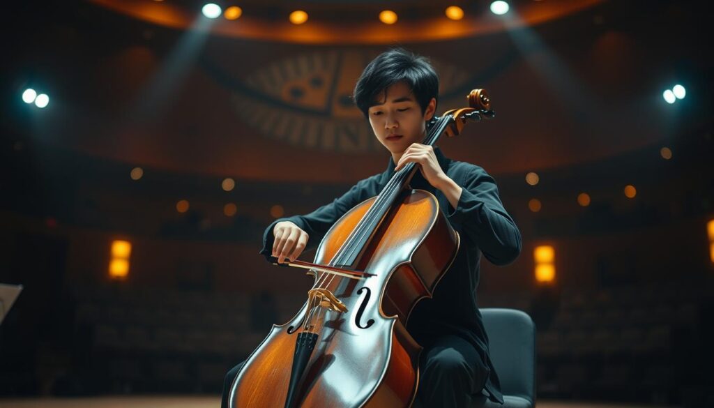 A serene concert hall, dimly lit with warm, ambient lighting. A solitary cellist, with a youthful, Japanese-inspired appearance, sits center stage, their fingers gracefully dancing across the strings. The instrument's rich, resonant tones fill the air, creating a captivating performance in the digital age. The cellist's gaze is focused, their body language exuding a sense of deep connection with the music. The background blurs, drawing the viewer's attention to the soloist's skilled and emotive playing, showcasing the enduring artistry of classical music in the modern, technology-driven world.