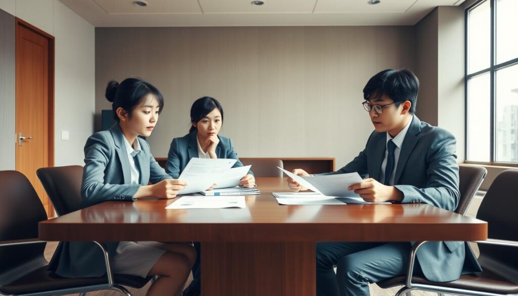 A serene conference room with muted earth tones and natural lighting. At the center, three young Japanese professionals in business attire sit around a polished wooden table, engaged in a serious discussion. Their expressions convey thoughtfulness and focus as they review financial documents, mindful of the importance of compliance regulations. The mood is one of diligence and responsibility, underscoring the gravity of the topic at hand. The scene is captured with a crisp, photographic quality, emphasizing the realism of the moment.