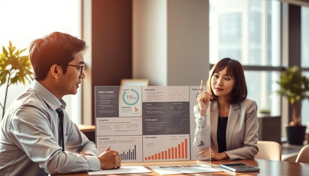 A serene corporate office setting, illuminated by warm natural light filtering through large windows. Three professional-looking Japanese individuals, a man and two women, engaged in thoughtful discussion over career trajectories. They are dressed in smart business attire, exuding an air of confidence and ambition. The middle ground features various informational displays, charts, and diagrams visualizing different career paths and growth opportunities. The background subtly hints at the company's corporate culture and values through tasteful decor and furnishings. An atmosphere of growth, collaboration, and a clear sense of direction pervades the scene.